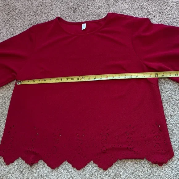 Red Laser Cut Scallop Hem Bell Sleeve Top 3XL Holiday Party Casual Festive Chic - Picture 11 of 11